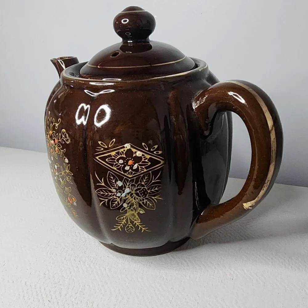 Brown Betty Teapot Japan Redware Hand Paint Pottery Moriage Style Enamel Vtg EUC